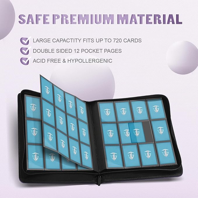12 Pockets Trading Card Zipper Binder for 720 Cards| Secure Side Loading Pockets | Trading Card Album Folder | Compatible with YuGiOh, MTG,Sports Cards (Purple 12)