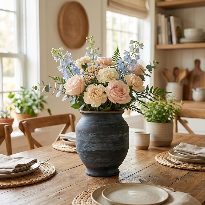 Rustic Ceramic Flower Vase,8 Inch Indigo Artisan Handcrafted Wide Ceramic Vase Farmhouse Rustic Vase Wide vases for Decor Living Room Home Decor