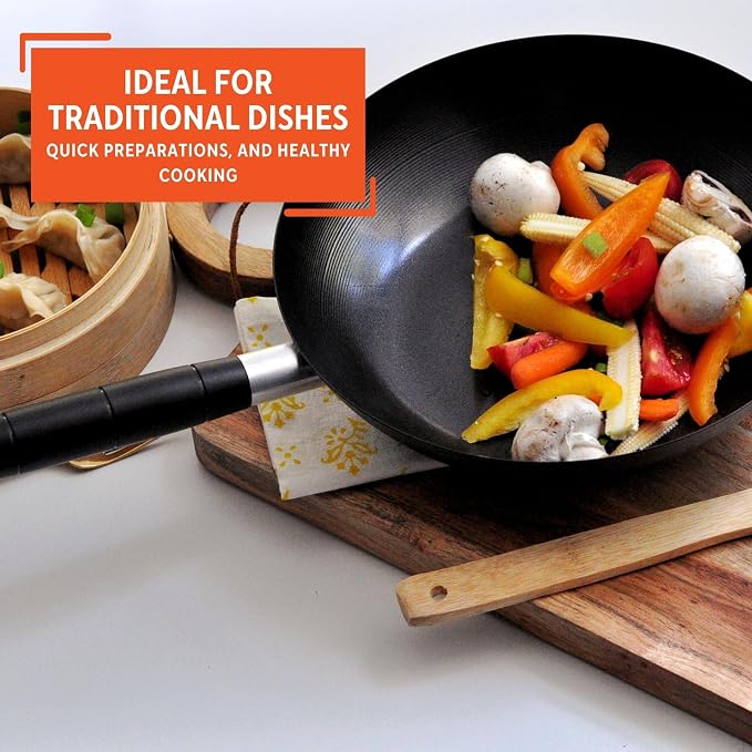 IMUSA 9.5 Inch Carbon Steel Nonstick Wok with Cool-touch Handle, Black | Cool-Touch Handle, Ideal for Stir Fry, Great for Everyday Meals