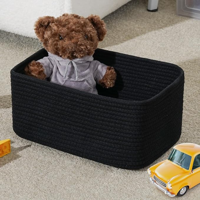 3 Pack Small Storage Baskets for Organizing, 11.8×7.8×5.1", Black | Woven Baskets for shelves, Cotton Rope Basket for Gifts Empty, Closet Organizer Bins with Handles, Cube Decorative Box