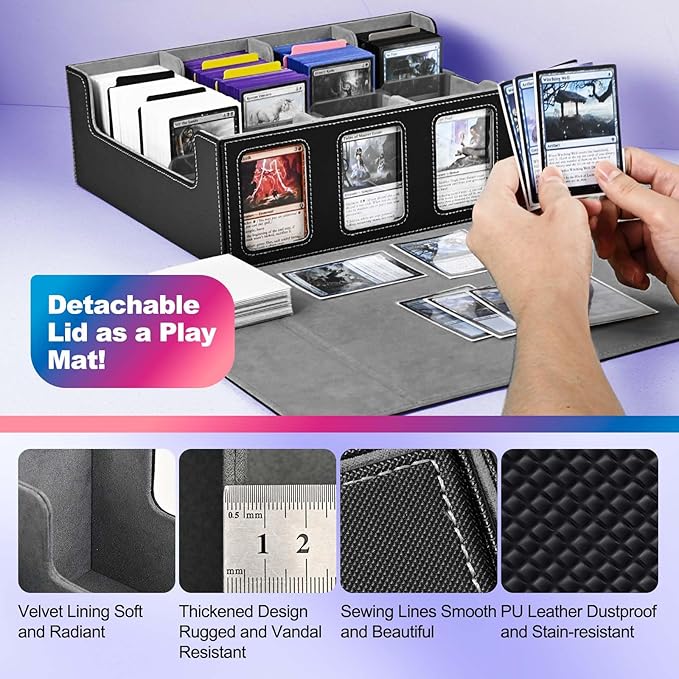 UAONO Trading Card Storage Box with Commander Display; 2400+ Deck Box for MTG with Removable Cover; Top Loaders Card Case fits Magic TCG PTCG Sports Cards; 24 Dividers, 4 Stoppers (Black, Grey)