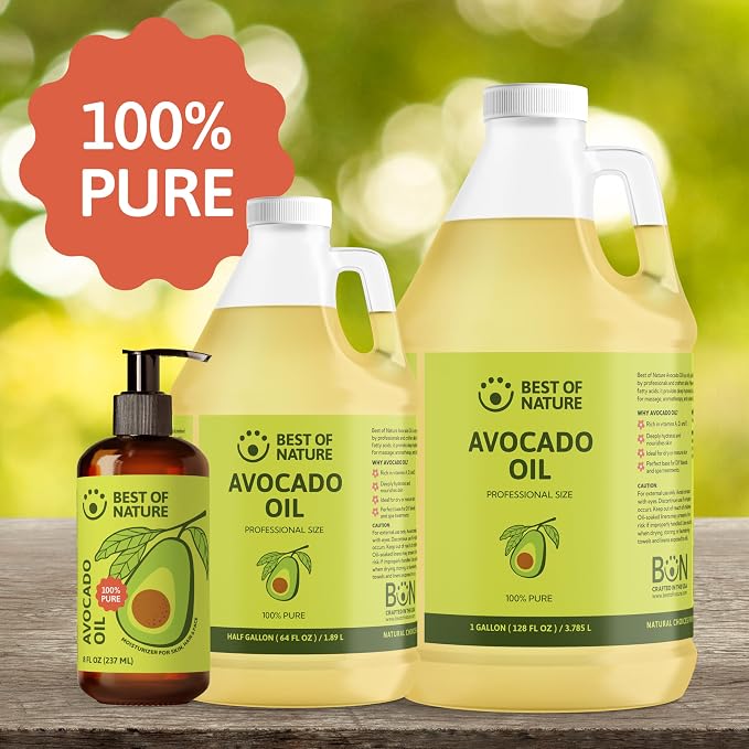 Best of Nature 100% Pure Avocado Oil – Natural Massage Oil, Moisturizing Body & Hair Oil, Unscented Skincare & Carrier for Essential Oils, Half Gallon (64 Fl Oz)