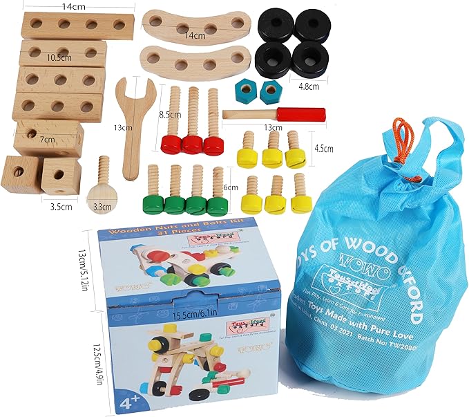 TOWO Wooden Nuts and Bolts Set Building Blocks Construction Kit 31 Pieces Travel Toy- Model Building Tool Kits for Kids -Toys Building Tools for 4 Years Old-Compatible with TOWO Bench Chair Set