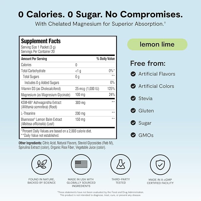 Ü Relax 2.0 Powder Drink Mix, Lemon Lime, Ashwagandha & L-Theanine, Adaptogens, Cortisol, Sleep Aid, Ready-to-Mix, Sugar Free, Zero Calorie, 20 Stick Packs