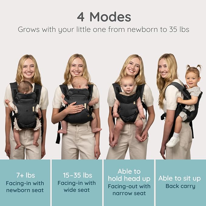Infantino Flip Luxe 4-in-1 Convertible Baby Carrier, Ergonomic Infant to Toddler Carrier, Updated Lumbar Support, Premium Herringbone Fabric, Elevated Accents, Hands-Free Comfort, 7–35 lbs, Onyx
