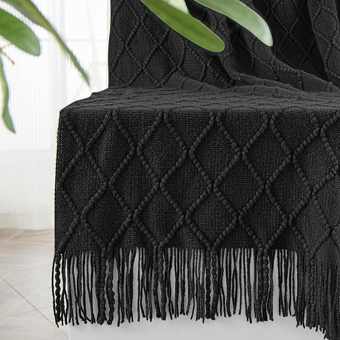 inhand Black Knitted Throw Blanket for Couch and Bed, 50"x60" | Soft Cozy Knit Blanket with Tassel, Lightweight Decorative Blankets and Throws, Farmhouse Warm Woven for Men and Women
