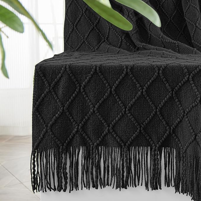 inhand Black Knitted Throw Blanket for Couch and Bed, 60"x80" | Soft Cozy Knit Blanket with Tassel, Lightweight Decorative Blankets and Throws, Farmhouse Warm Woven for Men and Women