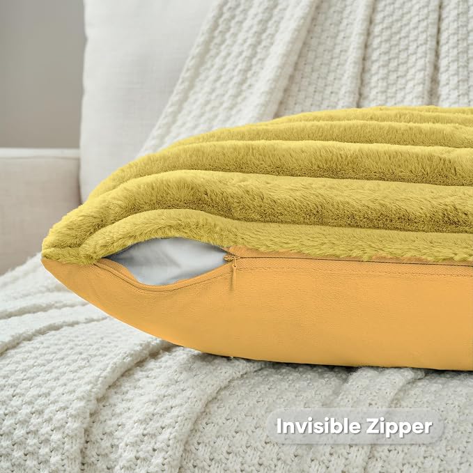 FUTEI Pack of 2 Faux Fur Throw Pillow Covers 18x18 Inch, Mustard Yellow | Fluffy Faux Rabbit Fur Front/Premium Velvet Back,Hidden Zipper,Machine Washable,Non-Shedding,Colorfast,Insert Not Included.