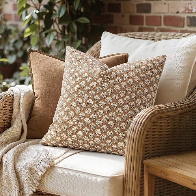 MIULEE Floral Print Decorative Euro Pillow Covers 22x22, Cognac | Vintage Boho Farmhouse Modern Home Decor, Set of 2, Block Print Cushion Covers for Couch Sofa Bed Living Room