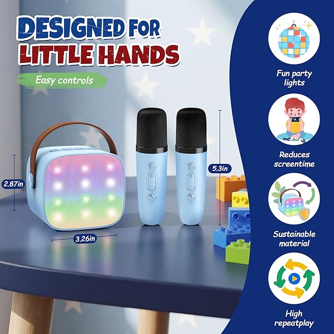 Karaoke Machine for Kids, Portable Mini Speaker with 2 Wireless Microphones, 2026 Top Birthday Toys Gifts for Boys Girls 3, 4, 5, 6, 7, 8, 9, 10, 11, 12+ Years Old Grandkids Family Party (Blue)