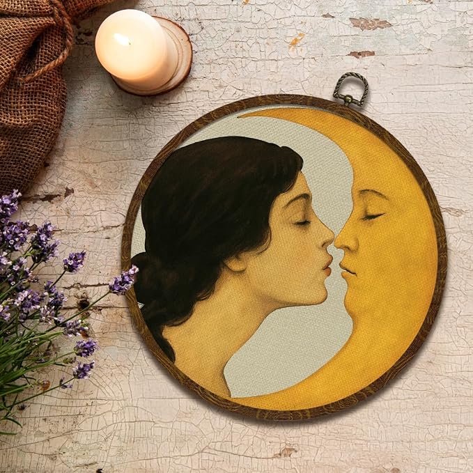 KLYTINK Vintage Celestial Decor,Romantic Moon and Young Girl Round Wall Art,Retro-Inspired Celestial Canvas Print, Surreal Moon and Woman Hanging Decor for Bedroom, Gallery Wall 10''x10''