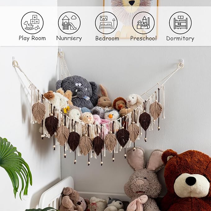 Pretty Jolly Macrame Stuffed Animal Hammock with Beads Hand Woven Leaf Tassels Corner Hanging Net Boho Plush Holder for Kid Room Nursery Decor Easy Install Organizer for Girls Gift(Brown)