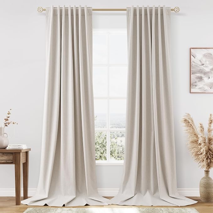 Guken Extra Long 100% Blackout Linen Curtains for Bedroom 120 inches Long, Thermal Insulated Room Darkening Black Out Drapes for Living Room, Back Tab Rod Pocket 2 Panels Set,Farmhouse,52x120