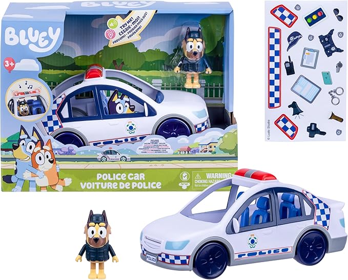 Bluey Police Car, Vehicle from The Special Episode The Sign. Includes Police Car with Flashing Lights & Sounds, Policeman Figure, and Themed Sticker Set. Batteries Included.