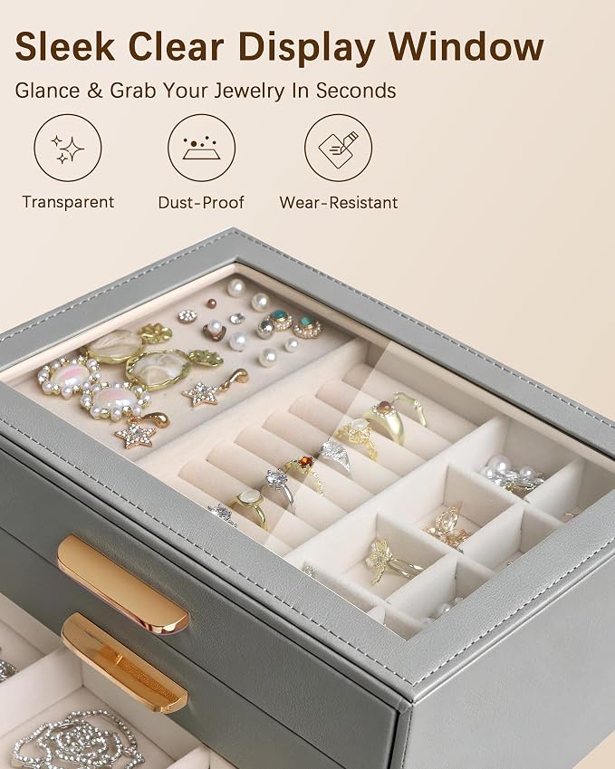 Homeanda Jewelry Boxes Organizer with Glass Lid, 3-Layer PU Leather, Grey | Modern style display case with 3 drawers for daily jewelry, women, mom or girl gift