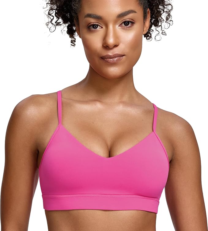 Oalka V Neck Sports Bra for Women Adjustable Padded Thin Straps Wireless Yoga Bras