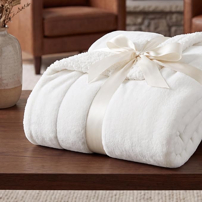 Bedsure GentleSoft Sherpa Fleece Twin Size Blanket for Couch, Non-Heated, Thick and Warm Throw for Women and Men, Soft Fuzzy Plush Twin Blanket for Winter, Bright White, 60x80 Inches