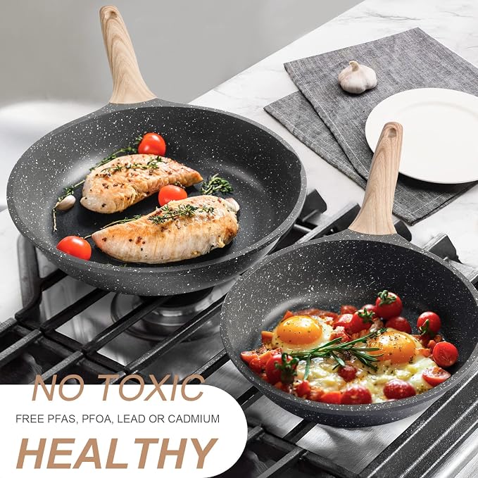 Caannasweis Nonstick Granite Omelet Frying Pan Skille 12 Inch with Lid | Non Stick Omelette Fry Pans, Omelet Egg Pan, Stone Cookware Chef's Pan, Induction Compatible, PFOA Free