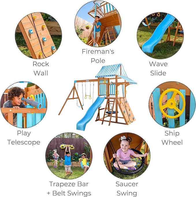 Teamson Kids Laguna Wooden Swing Set with Slide & Climbing Wall, Solid Wood, Natural and Aqua