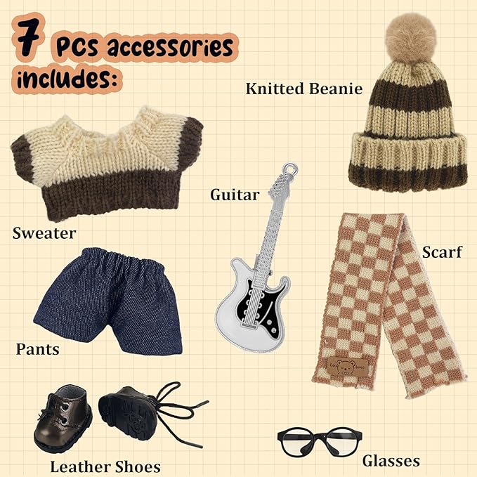 17cm Doll Clothes 7 PCs Accessories Outfits Brown Sweater Shoes Glasses Scarf Pants Knitted Beanie Guitar Clip Clothing Set for Keychain,No Doll(Guitar)