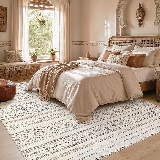 cotiled 8x10 Area Rugs Living Room Rug: Washable Boho Rugs with Non Slip Backing Large Soft Indoor Stain Resistant Carpet for Bedroom Farmhouse Dining Room Lightweight Home Decor Cream Brown