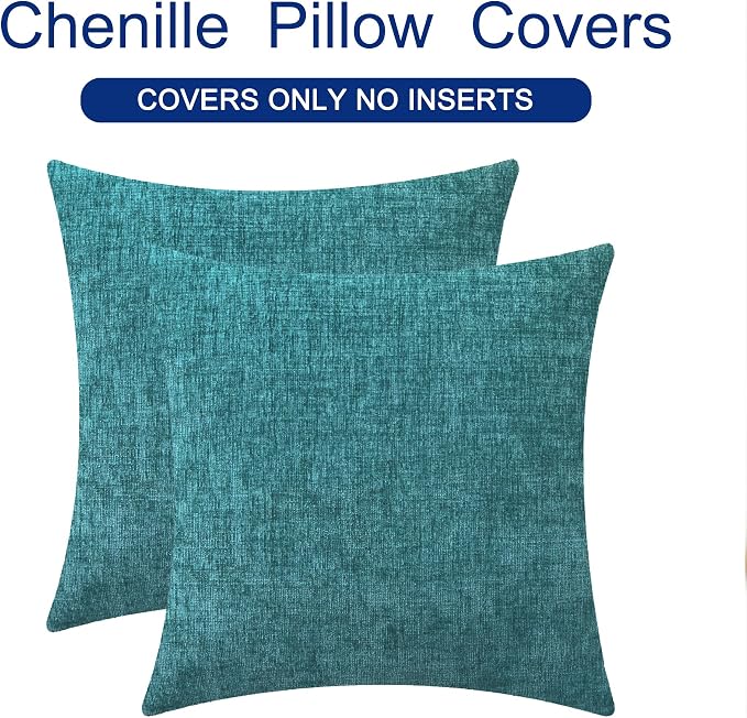 CaliTime Decorative Couch Throw Pillow Covers 16 X 16 Inches Teal | Pack of 2, Cozy Chenille Cushion Cases, Cotton Thread Stitching Edges, for Sofa Bed Living Room Farmhouse