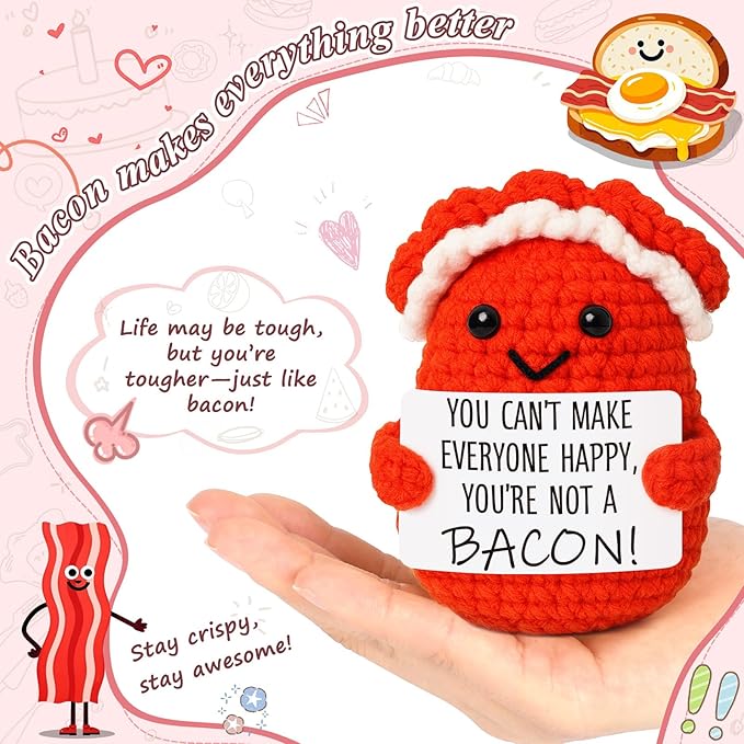 Mini Motivational Bacon Handmade Crochet Bacon for Women White Elephant Christmas Encouragement Gift for Friends Coworkers Small Birthday Back to School Gifts Cute Motivation Unique Office Desk Decor