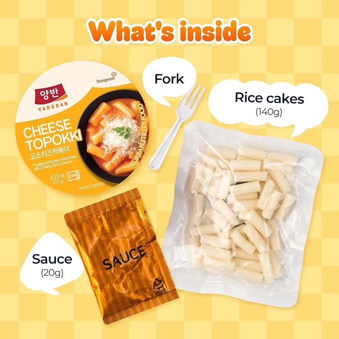 Dongwon Yangban Cheese Tteokbokki Cup, 6-Pack with Forks, Microwave Korean Rice Cakes Ready in 3 Minutes, Mild Cheddar and Parmesan Sauce with Hint of Heat, Kid-Approachable Comfort Snack, 4.23oz (120g)