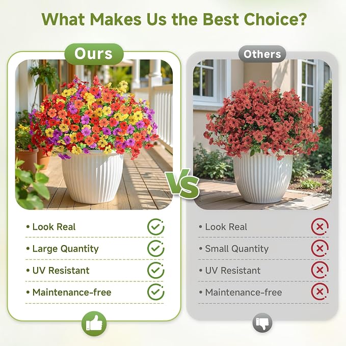 Alupssuc 24 Bundles Artificial Daisy Flowers UV Resistant for Outdoor Decor | Silk & Plastic, Spring Faux Plants Greenery, Bendable Stems, for Porch Patio Hanging Window Planter Yard Outside, 4 Colors