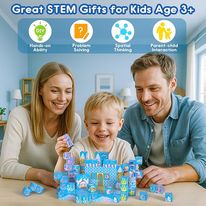 Magnetic Building Blocks-135 PCS Growing Ocean Magnet Cubes Tiles with USB Light Panel,STEM Sensory Construction Toys Set Christmas Birthday Gifts for Kids Boys Girls Toddlers Ages 3+,4-8,6-8
