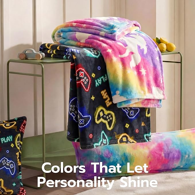 Joiedomi Glow in The Dark Gaming Blanket Gamer Gifts for Boys Age 2 3 4 5 6 7 8 9 10 11 12 Year Old, Soft Cozy Flannel Kids Throw Blanket, Birthday Bedroom Decor Grey 50"×60"