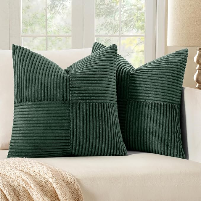MIULEE Army Green Decorative Throw Pillow Covers for Couch 18x18 Inch | 2 Pack, Boho Farmhouse Pillow Covers, Soft Cross Corduroy Patchwork Textured Cushion Cases For Bed Sofa
