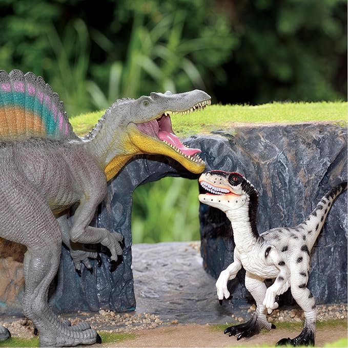 Gemini&Genius Spinosaurus Velociraptor Dinosaur Action Figure Toys Set, Large and Realistic Dinosaur Toy Set with Moveable Jaw and Hands, Dino Toy Figures, Collections, Plays, Displays for Kids