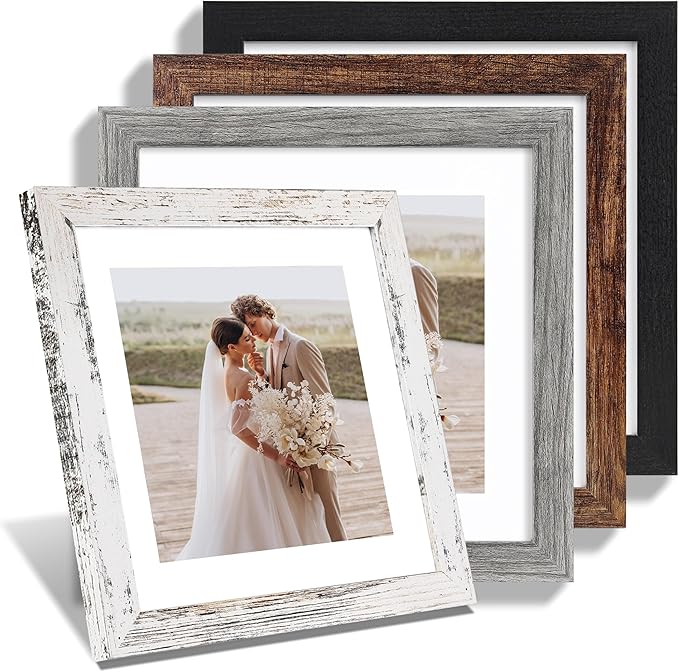 Hongkee 10x10 Picture Frame Set of 4, Made of Glass and Multicolour Wooden Frame, 10 by 10 Photo for Wall or Tabletop - Display Picture 8x8 with Mat or 10x10 Without Mat