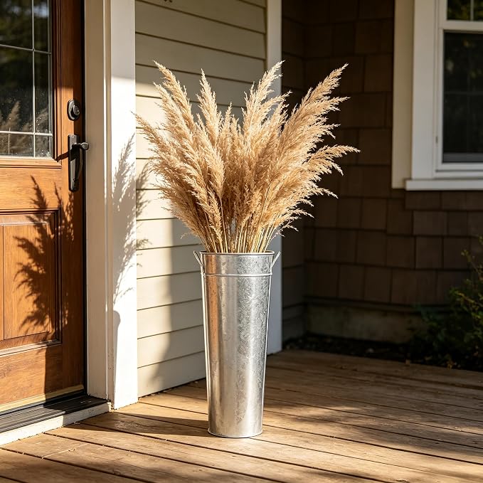 Hosley Set of 3 Galvanized French Bucket Vase with Handles 6"Dx15"H - Perfect for Weddings, Parties, Country Picnics, Floral Arrangements, Tableware Storage, or Candle Gardens - Rustic Farmhouse Décor