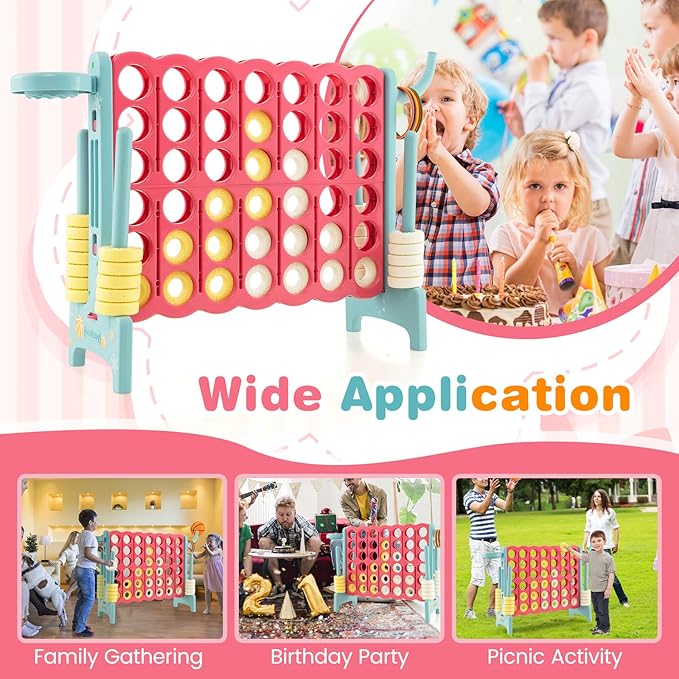 COSTWAY Jumbo 4-to-Score Giant Game Set for Kids & Adults, 2.5Ft Indoor Outdoor Game with Basketball Hoop, Ring Game, 42 Jumbo Rings, Quick-Release Slider, Perfect for Birth & Holiday Party