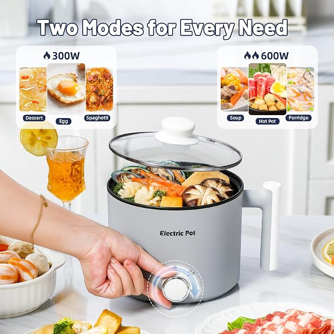 Electric Hot Pot 1.5L Nonstick Ramen Cooker for One-Person | Dual Power Setting for Hot Pot, Pasta/Soup/Oatmeal/Egg, Portable for Dorm/Travel, Overheat & Boil-Dry Protection (Grey, 1.5L)