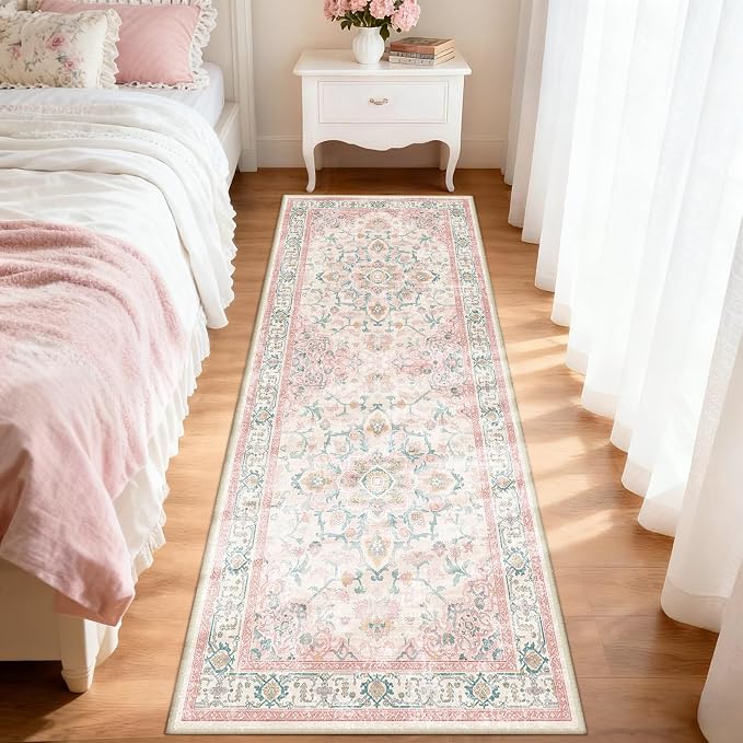 CAPALOCA Runner 2x6 Washable Nursery Girls Low Pile Area Rug Pink Teal | Non-Slip Soft Rugs for Bedroom Kids Playroom Living Room, Print Pattern Water Repellent Carpet Indoor Decor