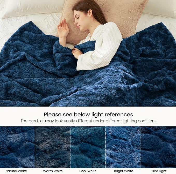 Cozy Bliss Faux Fur Throw Blanket for Couch, Fuzzy Soft Plush Thick Warm Fluffy Reversible Wave Textured Blanket for Sofa Bedroom Living Room, 55 * 70 Inches Navy Blue