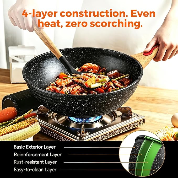 ITSMILLERS Nonstick Wok Aluminium Die-casting Chinese Wok, Scratch Resistant With Lid and Spatula, PFOA-Free, Dishwasher Safe & Induction Bottom,11.8 Inch,5QT,Large Capacity