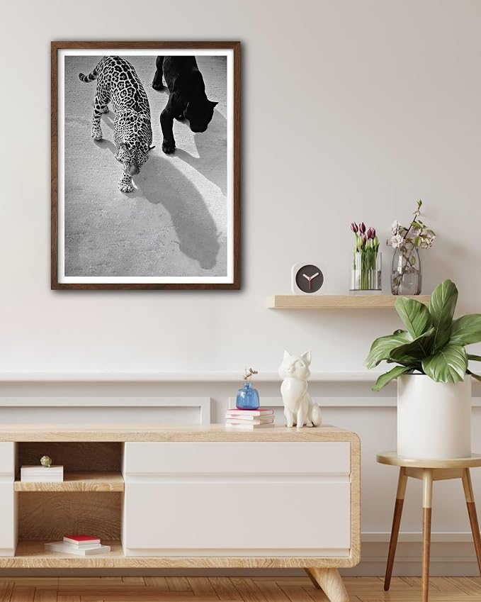 EcoHest 12x16 in Cheetah and Jaguar Walking Framed Wall Art | Walnut Color Solid Oak Frame, Canvas Wall Art, Black White Animal Wall Decor for Living Room, Bedroom, Apartment, Dorm, 1Pack
