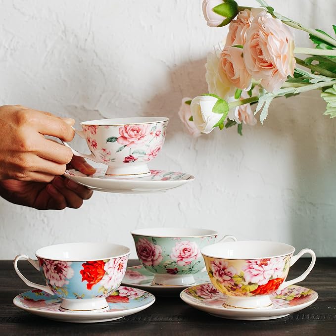 BTaT- Floral Tea Cups and Saucers Set of 4 (8 oz), Porcelain Tea Cup Sets with Gold Trim & Gift Box, Dishwasher & Freezer Safe