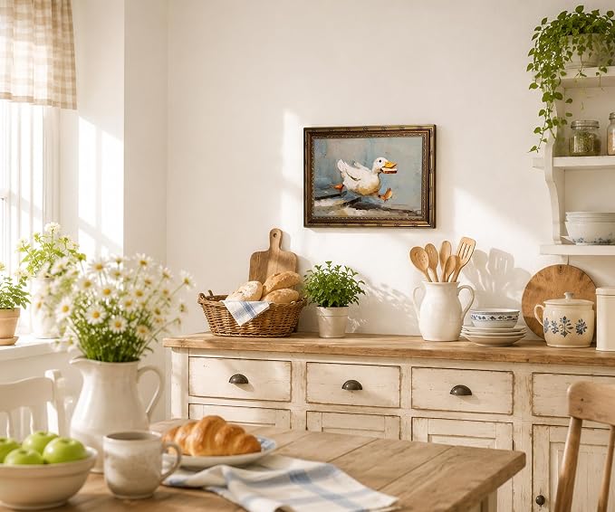 Gold Framed Funny Duck Wall Art Rustic Cottagecore Animal Wall Decor Print | Farmhouse Animal Painting Whimsical Duck Canvas Poster for Kitchen Bathroom Living Room Bedroom, 16x24 Inches