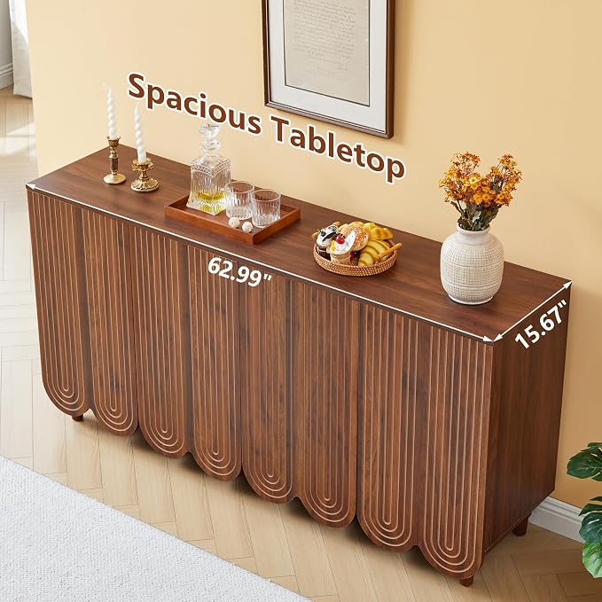 weselon Buffet Cabinet Set of 2, Arched 4-Door Sideboard with Adjustable Shelves, Push-to-Open & Soft-Close Hinges, Solid Wood Legs Storage Cabinet for Coffee Bar TV Console (Walnut)