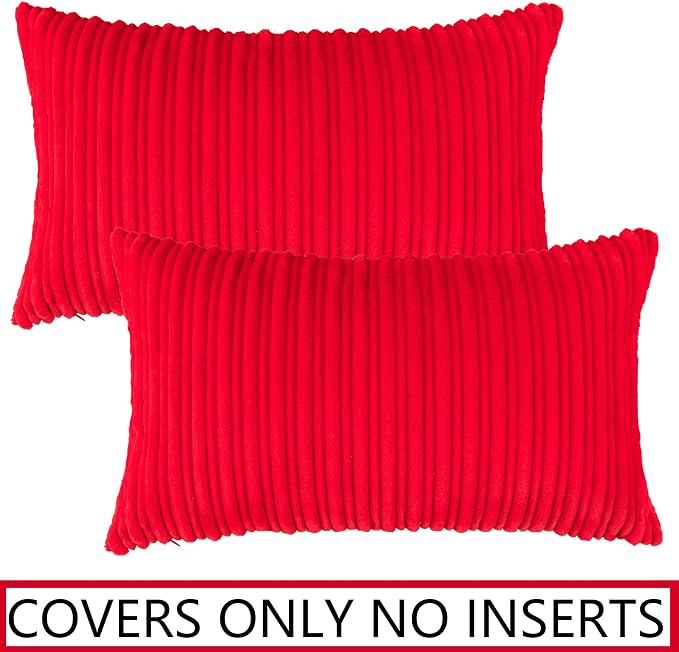 UGASA Pack of 2 Christmas Velvet Pillow Covers Striped, Soft Textured Throw Cushion Case Set, Accent Corduroy Lumbar Pillowcases with Hidden Zipper for Home Decor Indoor Outdoor (12"x20", Red)