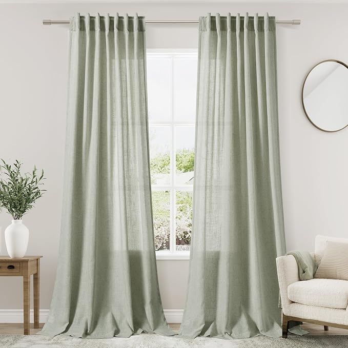 Nanspring Sage Green Linen Blend Light Filtering Curtains 86 Inches Long 2 Panel Set Pocket Back Tab Light Green Privacy Semi Sheer Decorative Decor Curtain Drapes for Bedroom Living Room 52x86