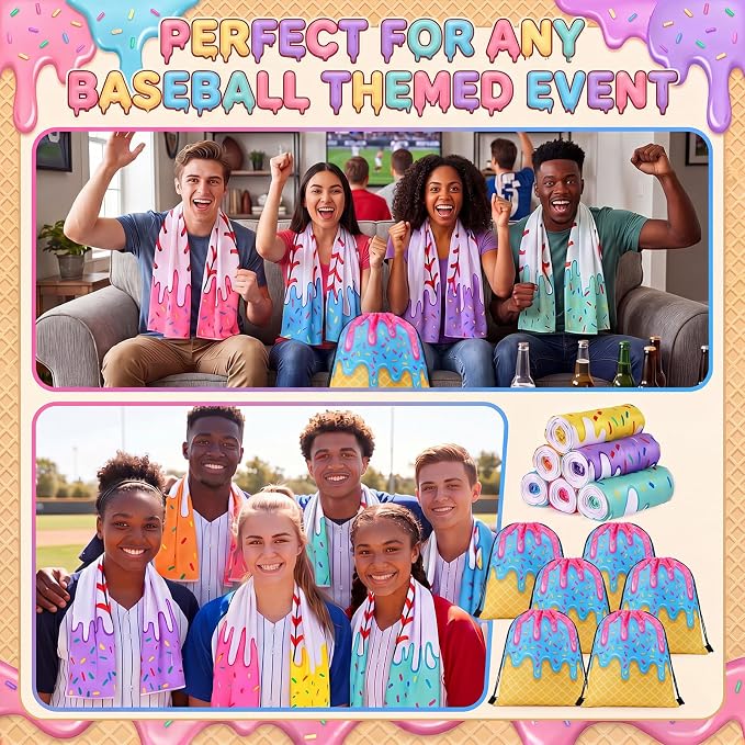 Peryiter 24 Pcs Ice Cream Drip Baseball Party Favors 12 Cooling Towels 12 Drip Drawstring Bags Bulk Sport Gifts for Teams Summer Camping Yoga Running Supplies, Chilly and Absorbent(Innovative)