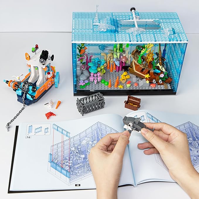 Fish Tank Building Blocks Set - 830PCS Ocean Treasure Hunt Building Set with Adventure Boat, Shark, Jellyfish & Coral Reef, STEM Toys Halloween for Teens Adults