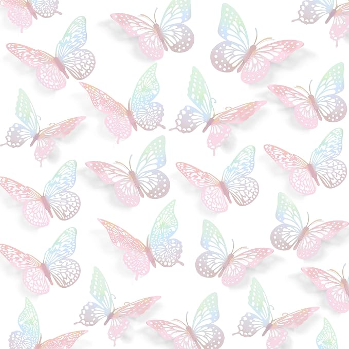 SAOROPEB 3D Butterfly Wall Decor 48 Pcs Laser Pink Butterfly Decorations | 4 Styles 3 Sizes, Birthday Decorations Butterfly Party Decorations Cake Decorations, Removable Stickers