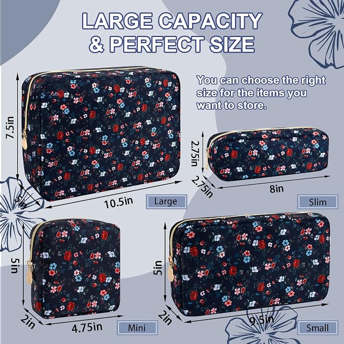 UIXIZQ Waterproof Large Floral Makeup Pouch,Nylon Travel Toiletry Storage Purse Preppy Cosmetic Bag for Women Girl,Large Capacity Makeup Organizer Zipper Pouch for Work(L Black-Flowers)
